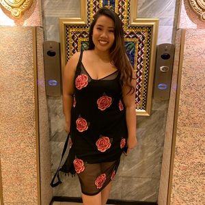 Black Mesh Floral Transparent Dress